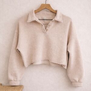 Aerie Button Henley Tan Cropped Sweatshirt | Size Small